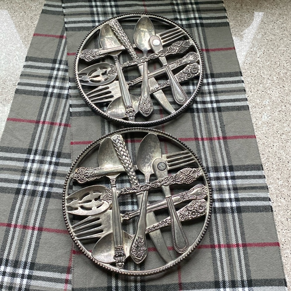 2 Vintage Godinger Silver Art Co. "Patterned Silverware" Trivets